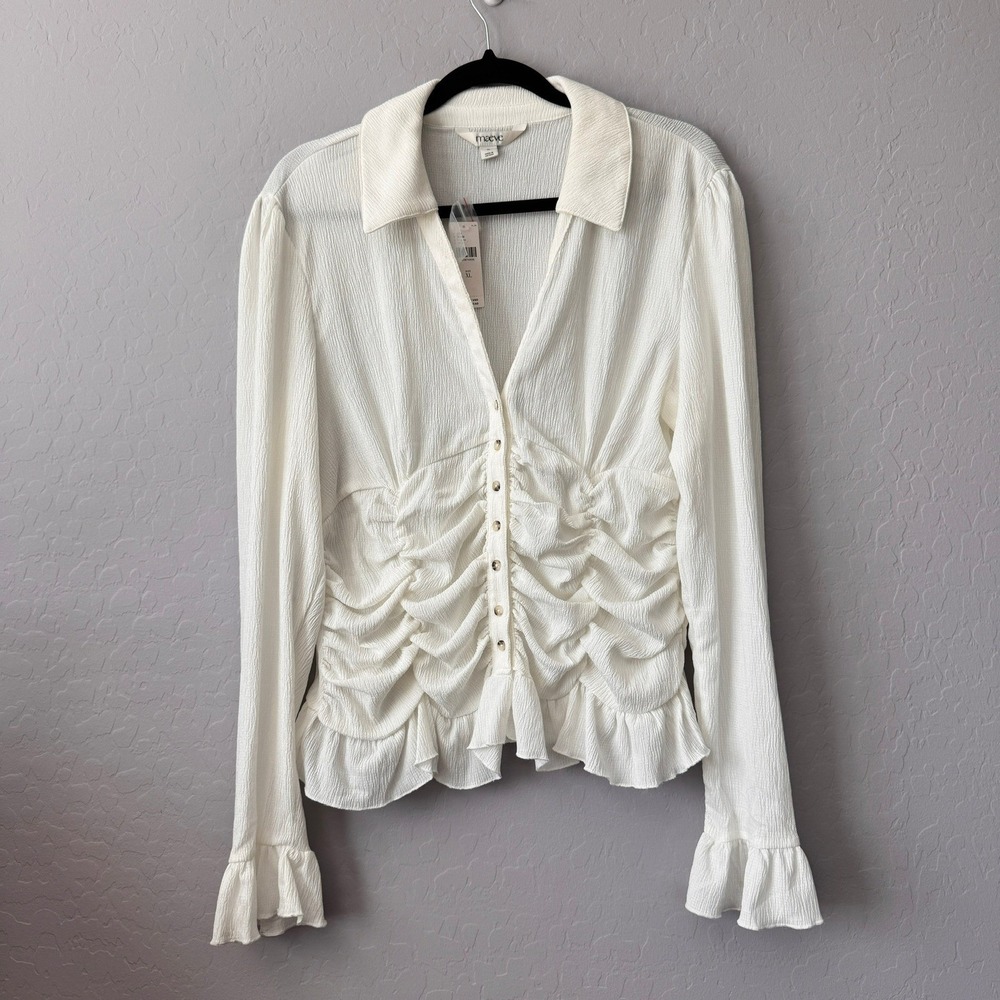 NWT Maeve XL Blouse White Long Sleeve Ruched Button Front Ruffle Cuff Crepe Top